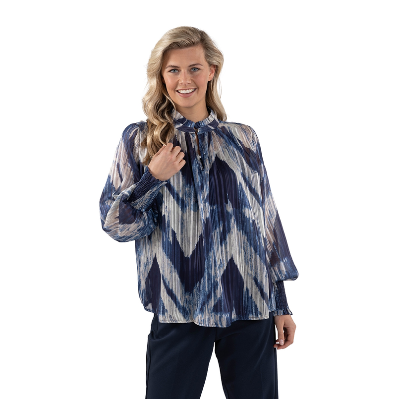 Nukus Dames print blouse hoge kraag Blauw dessin