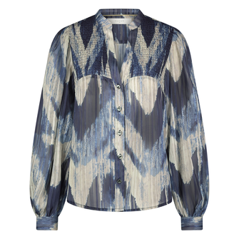 Nukus Dames print blouse zonder kraag Blauw dessin