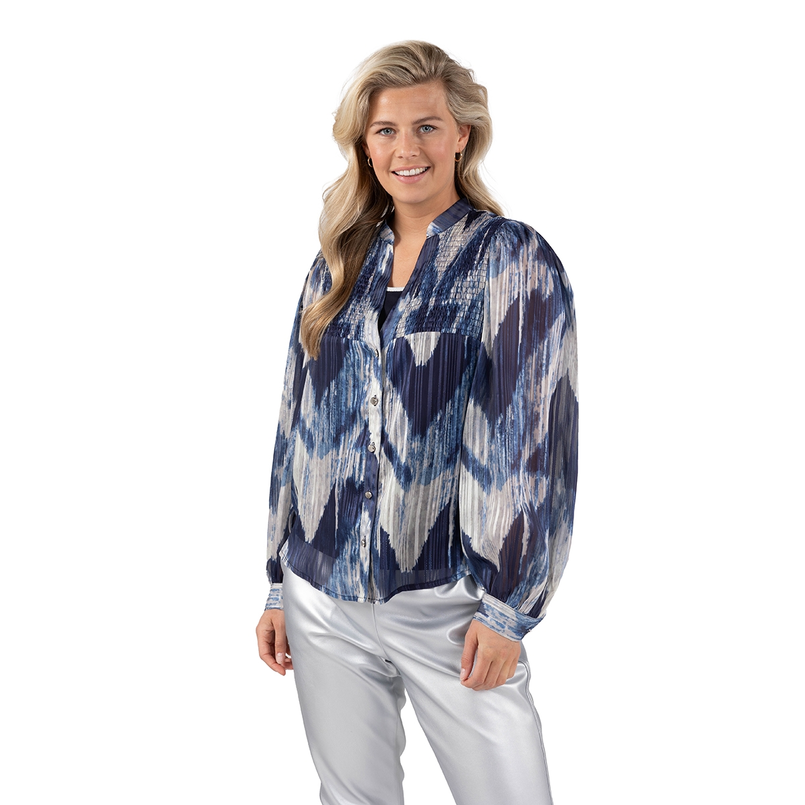 Nukus Dames print blouse zonder kraag Blauw dessin