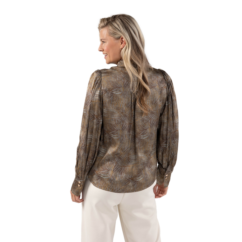 Nukus Dames print blouse zonder kraag Bruin dessin