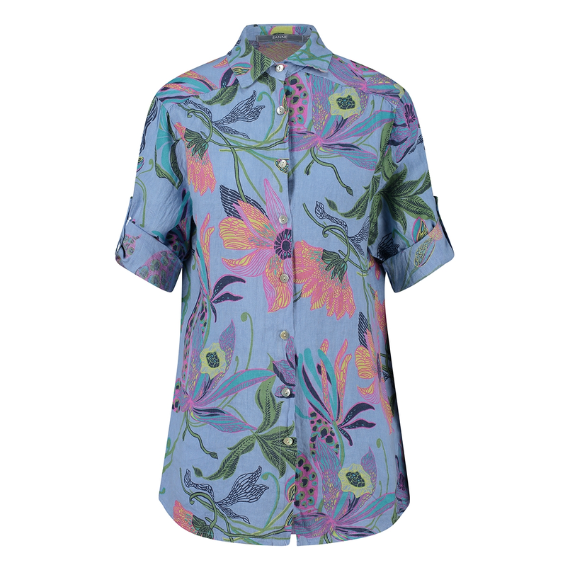 Sanne Dames linnen blouse Femke jungle print Bleu